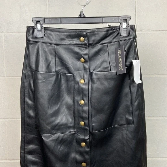 NWT Blank NYC Women's Faux Leather Snap Front Black Midi Skirt Size 25 Pockets - Picture 2 of 7